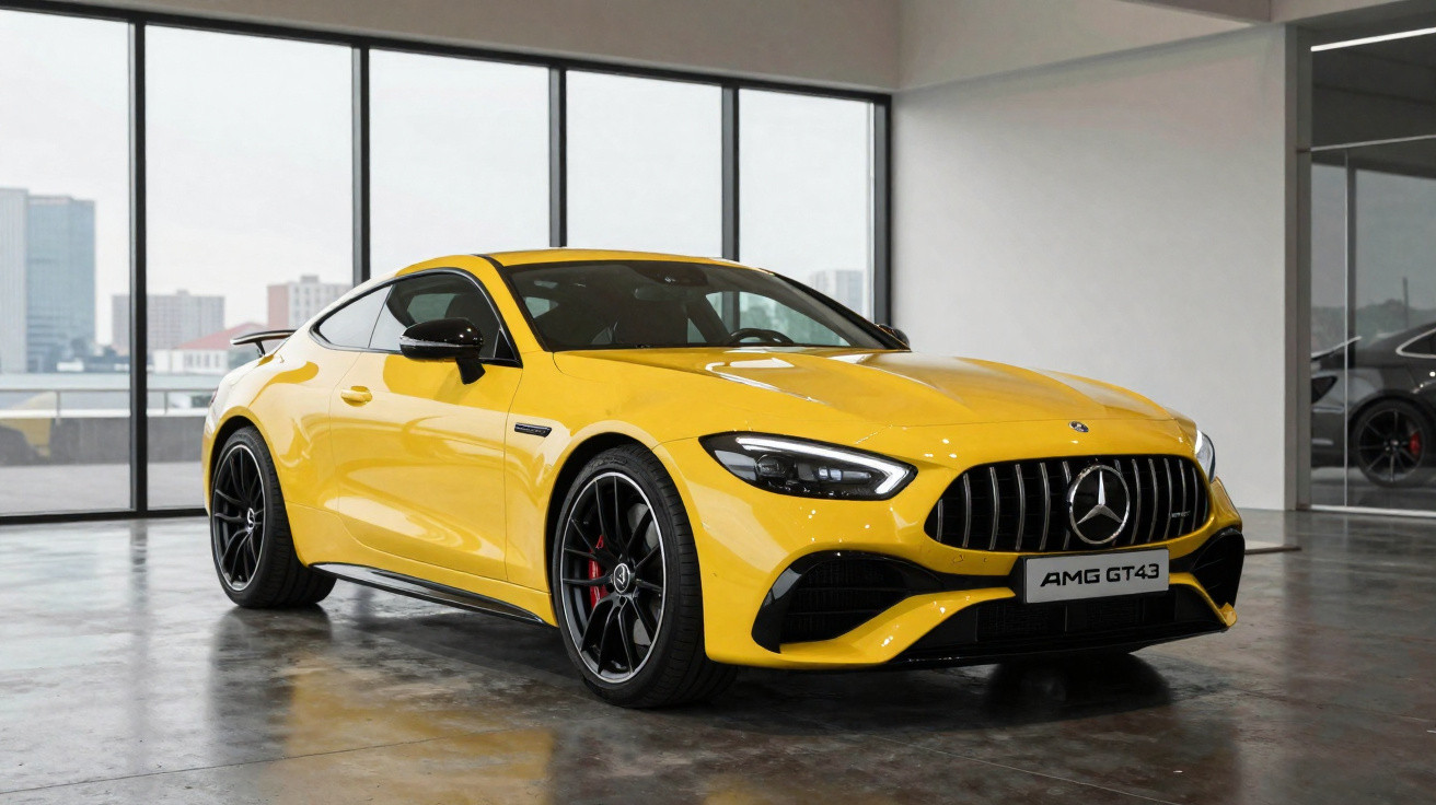 Carro esportivo Mercedes-Benz AMG GT43 amarelo estacionado em garagem com piso de concreto e janelas amplas.