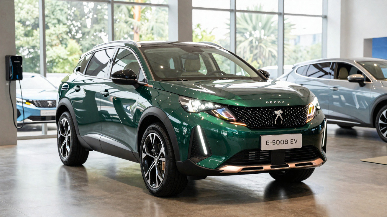 SUV elétrico Peugeot E-5008 EV verde metálico em showroom, com design moderno e elegante.