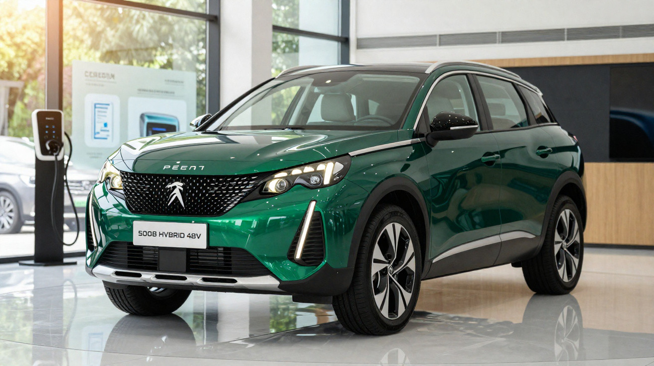 SUV verde metálico Peugeot 5008 Hybrid 48V em showroom moderno, com carregador elétrico ao fundo.