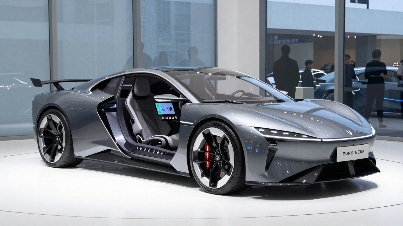 Carro esportivo cinza metálico com porta aberta exibindo interior moderno em sala de exposição.