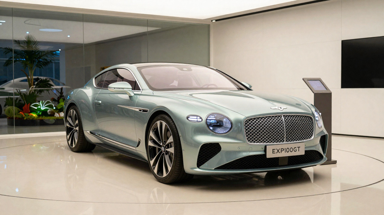 Carro esportivo Bentley EXP100GT prata em exposição interna com iluminação moderna e parede espelhada.
