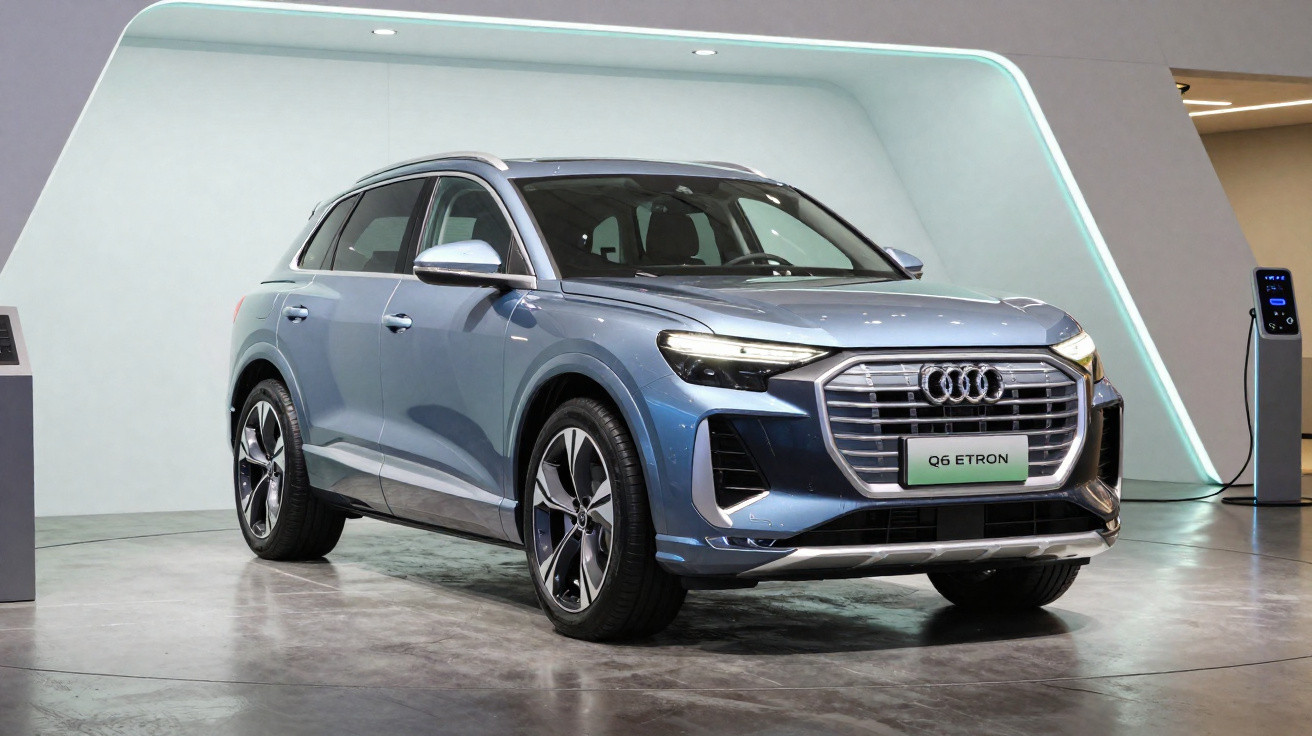 SUV elétrico Audi Q6 e-tron cinza exibido em ambiente interno moderno com estação de recarga elétrica.