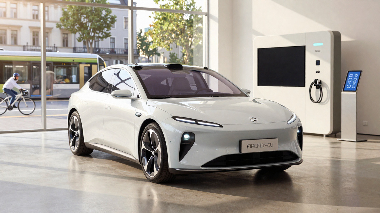 Carro elétrico branco estacionado ao lado de estação de carregamento em ambiente interno com janelas grandes.