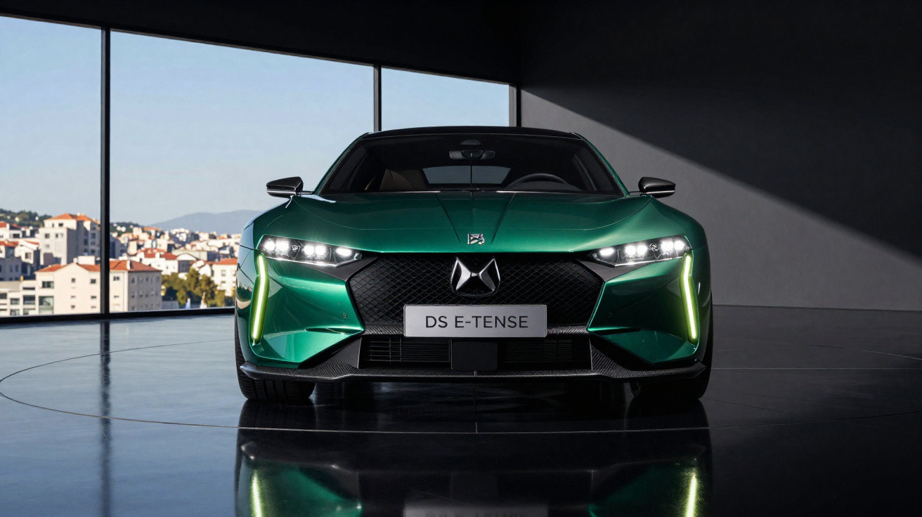 Carro esportivo elétrico verde DS E-Tense visto de frente em ambiente interno moderno.