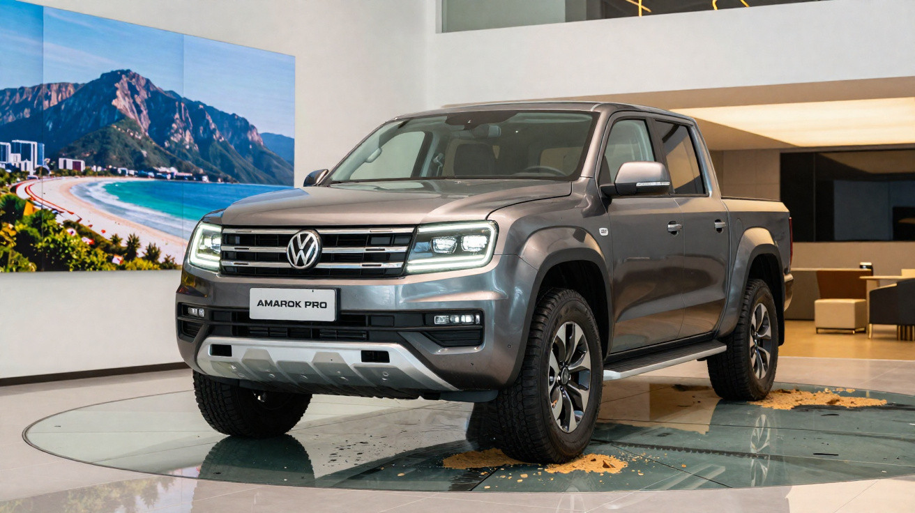 Picape Volkswagen Amarok Pro cinza exibida em showroom moderno com quadro de paisagem ao fundo.