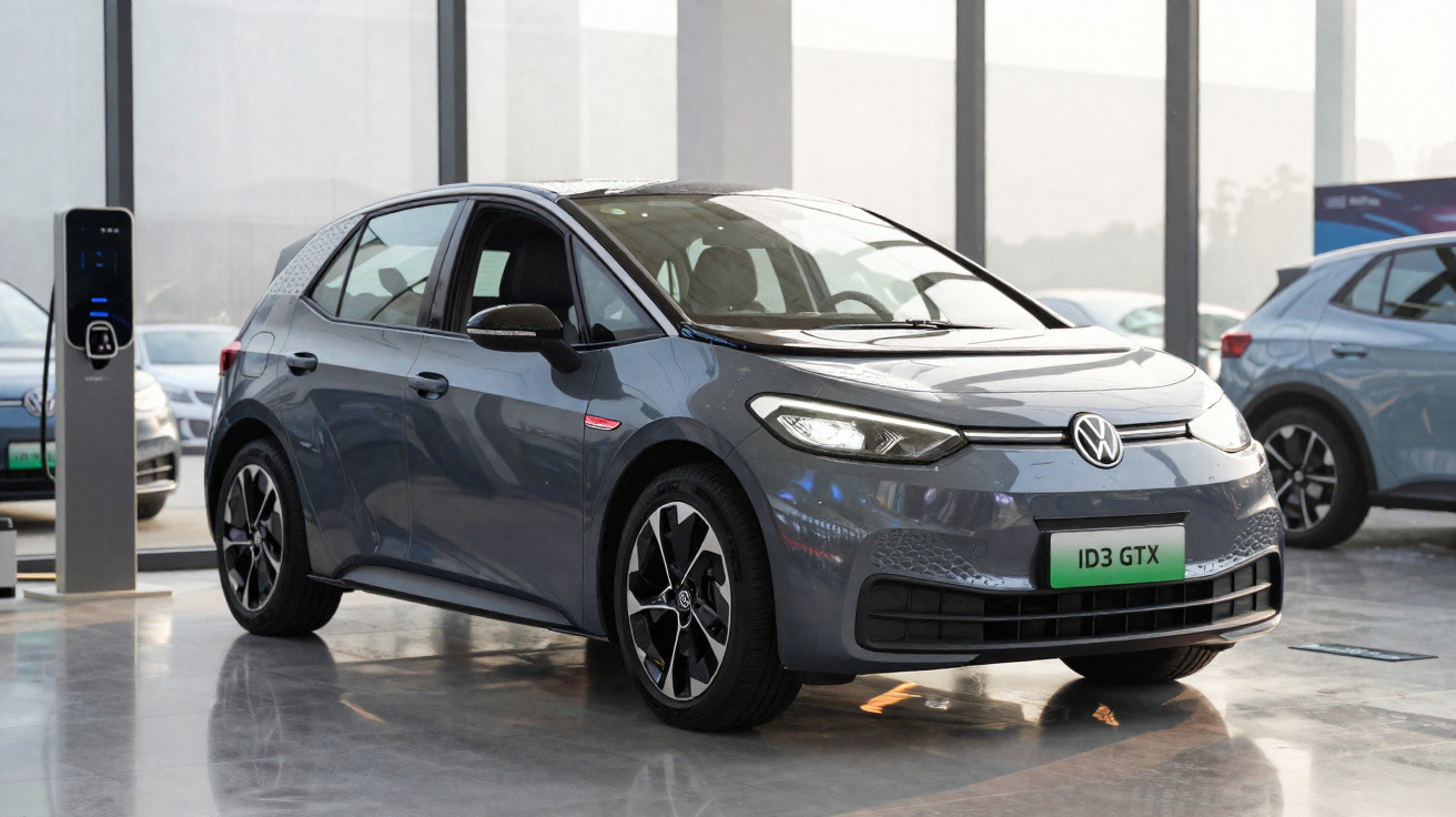 Carro elétrico Volkswagen ID3 GTX cinza estacionado em showroom moderno com carregador ao lado.