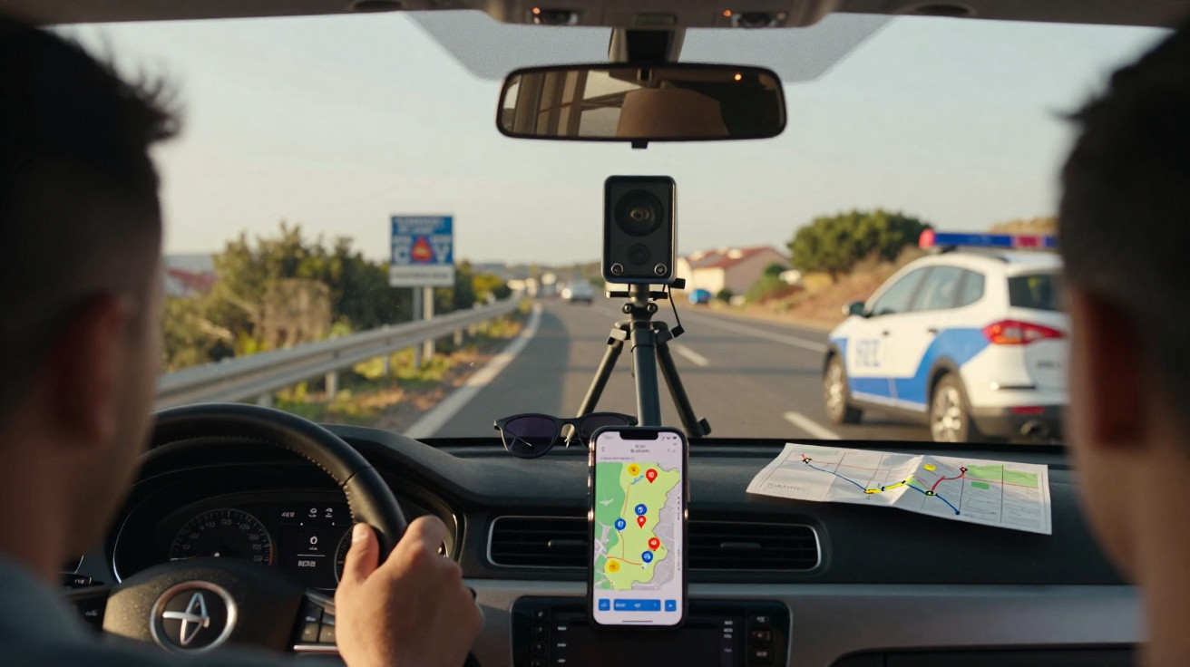 Motorista com duas pessoas, câmera e mapas dentro do carro, polícia ao lado na estrada.