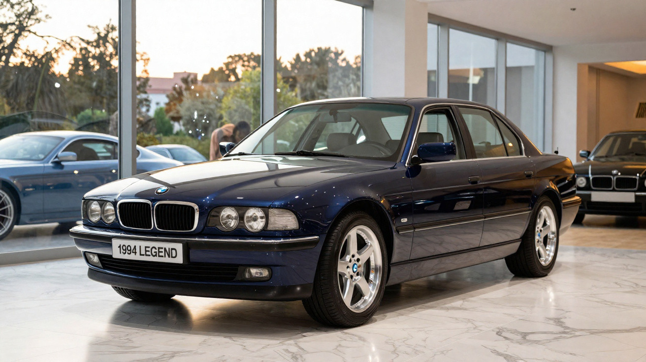 Carro BMW 1994 Legend azul escuro exibido em showroom com piso branco e paredes com janelas amplas.