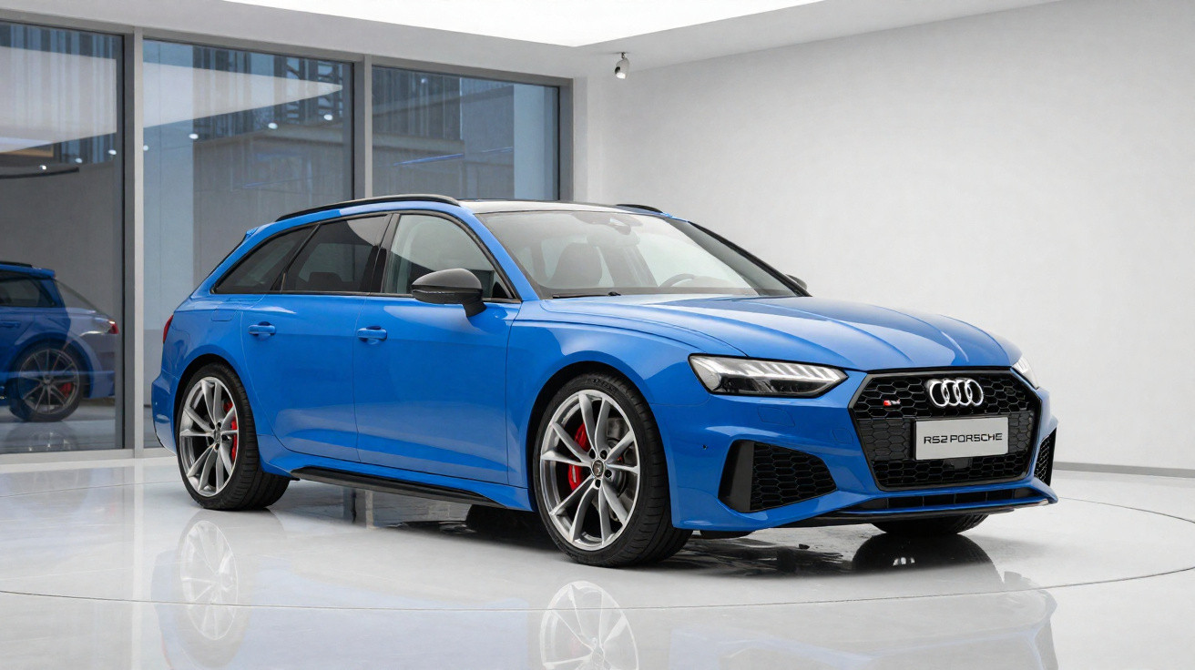 Carro esportivo Audi RS2 Avant azul estacionado em ambiente interno com piso branco e paredes claras.