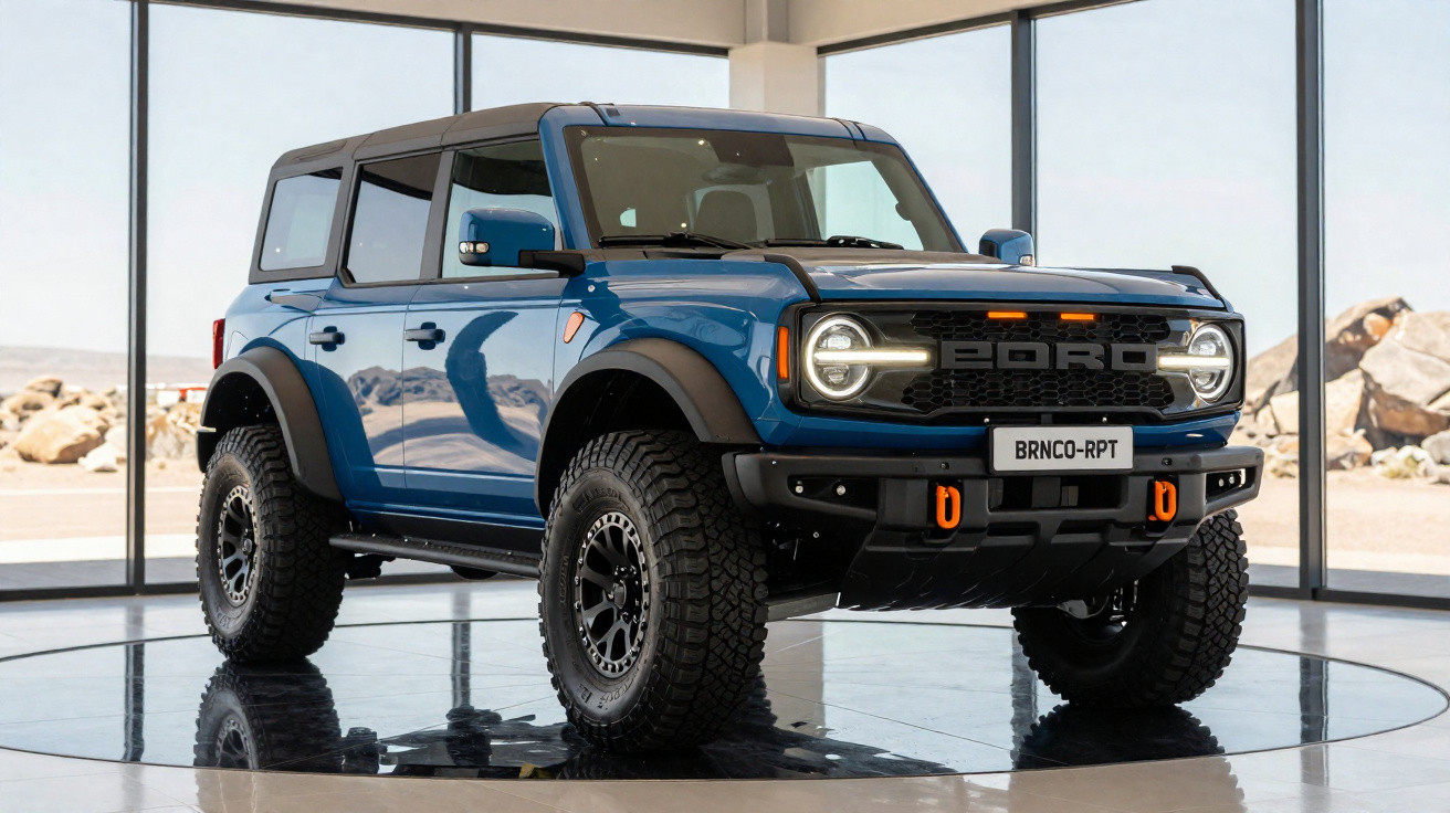 SUV azul Ford Bronco em exposição em ambiente interno com grandes janelas e piso refletivo.