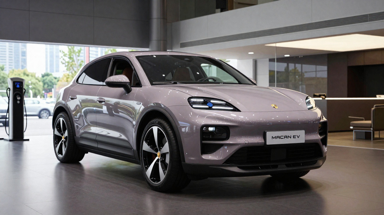 Carro elétrico Porsche Macan EV cinza estacionado em showroom moderno com carregador elétrico ao fundo.