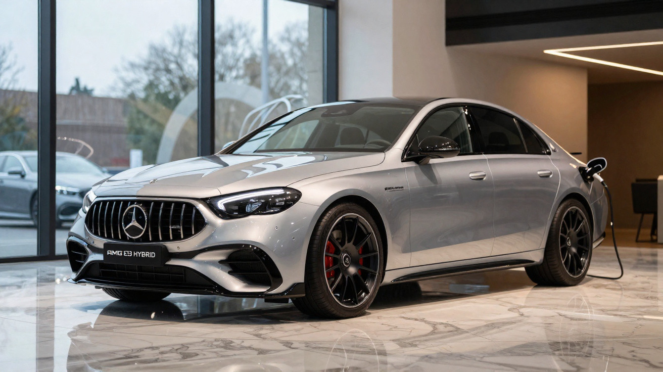 Carro esportivo Mercedes-Benz AMG E63 Hybrid prata estacionado em showroom com carregador elétrico conectado.