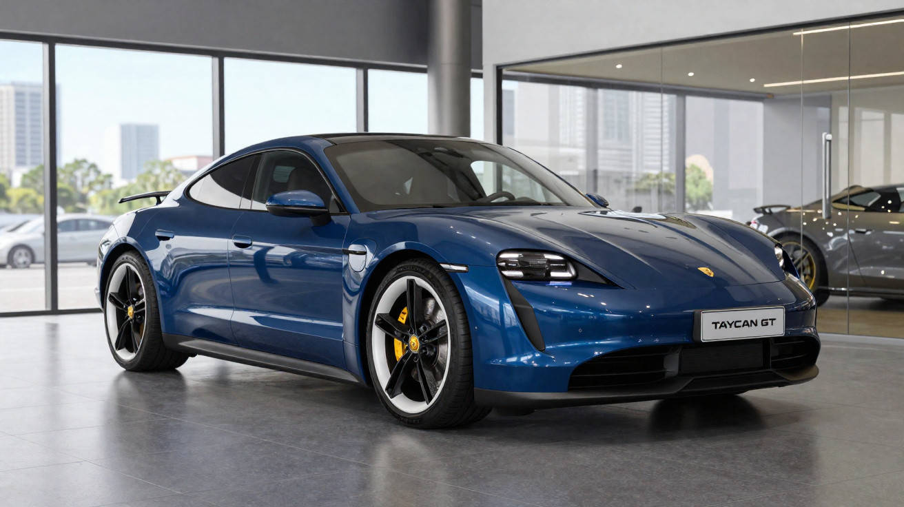 Carro esportivo elétrico Porsche Taycan GT azul em exposição dentro de showroom moderno.