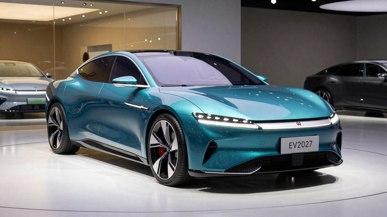 Carro elétrico esportivo azul em exposição, com design moderno e faróis em LED finos.