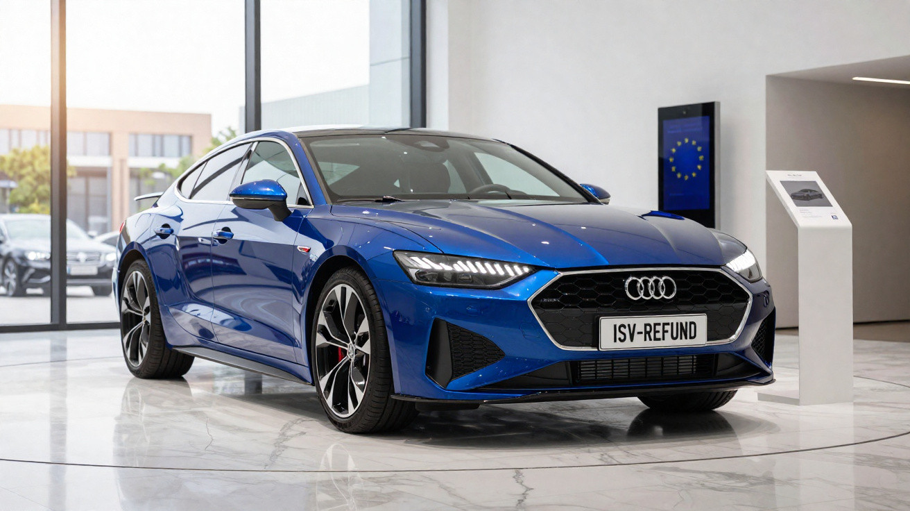 Carro Audi azul exibido em salão moderno com piso branco e iluminação natural.