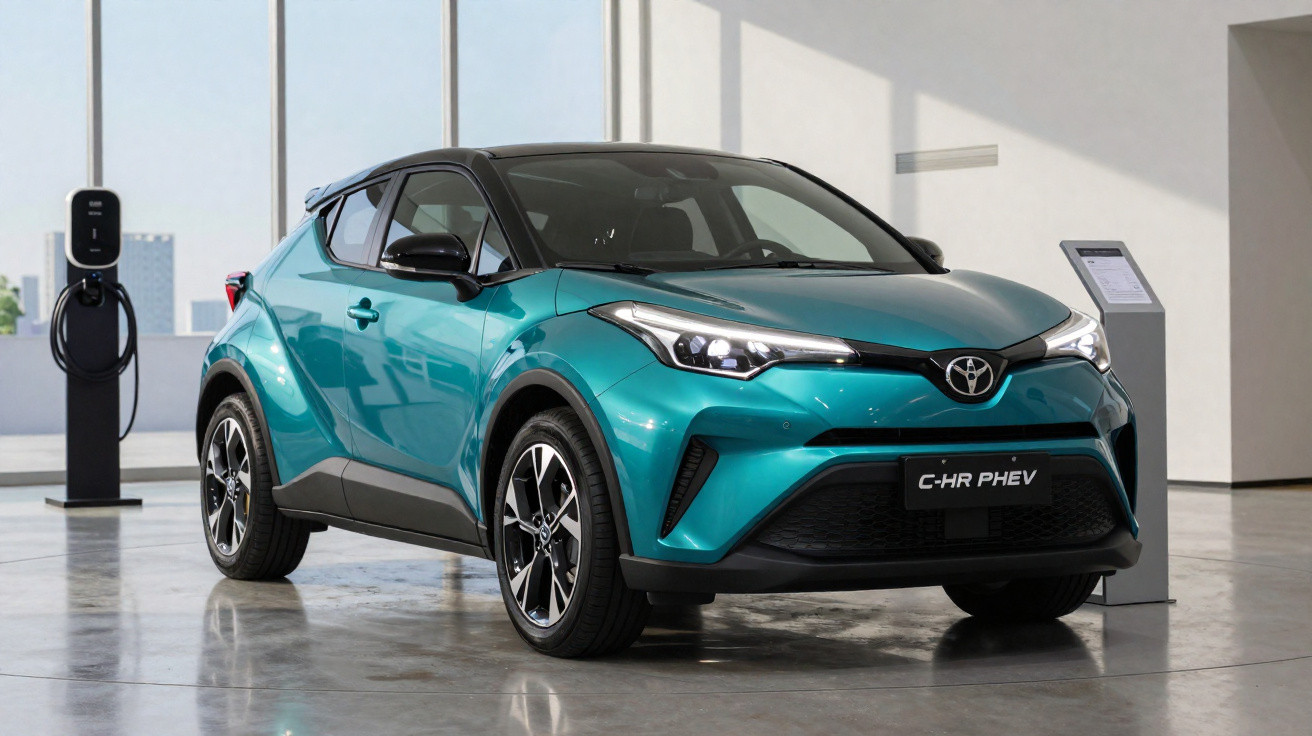 Carro Toyota C-HR PHEV azul metálico em exposição interna com estação de recarga elétrica ao lado.