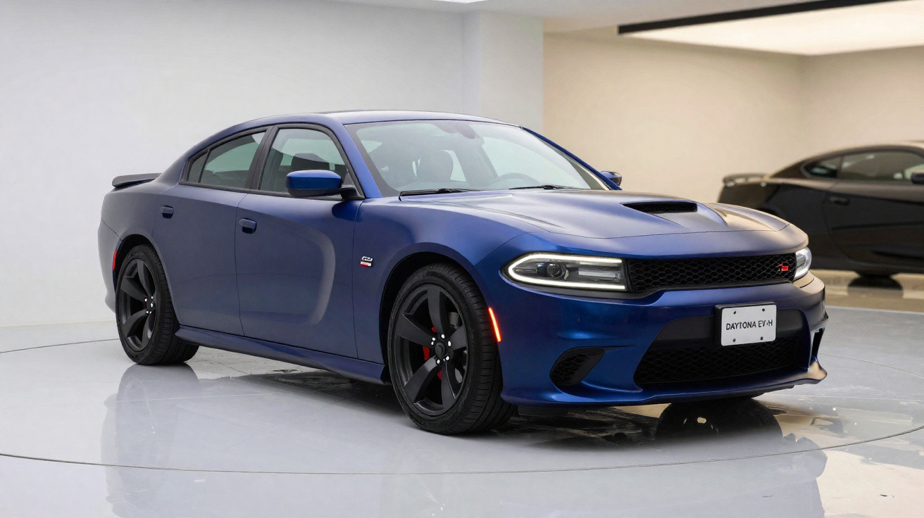 Carro esportivo Dodge Charger azul escuro estacionado em ambiente interno com piso branco refletivo.