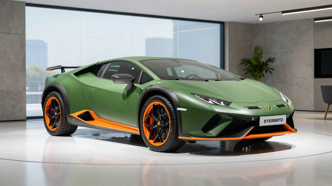 Carro esportivo Lamborghini verde com detalhes em laranja exibido em ambiente interno moderno.