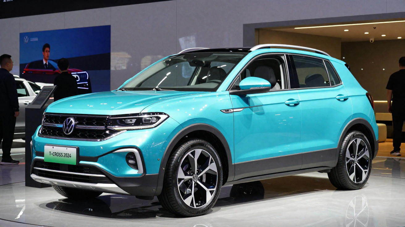 Carro SUV Volkswagen T-Cross 2024 azul turquesa em exposição interna com rodas grandes e teto solar.