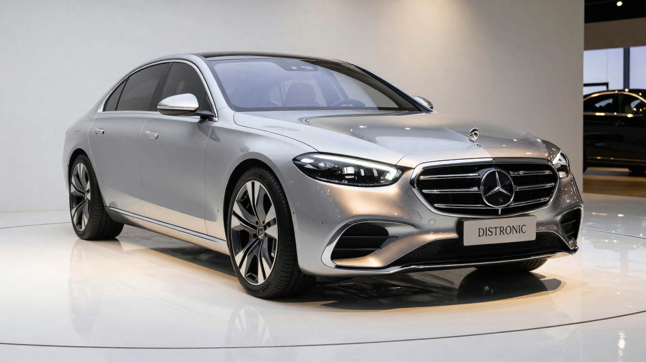 Carro prata Mercedes-Benz sedan exibido em ambiente interno com iluminação branca suave.