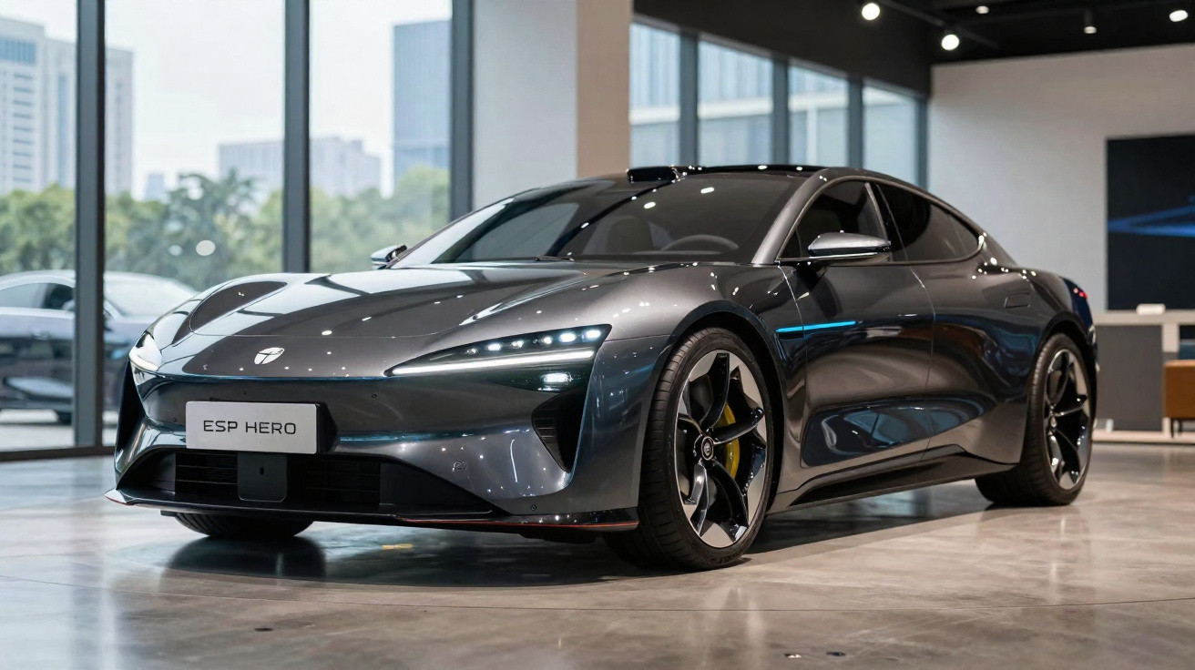 Carro esportivo elétrico cinza em exposição interna com janelas grandes ao fundo.