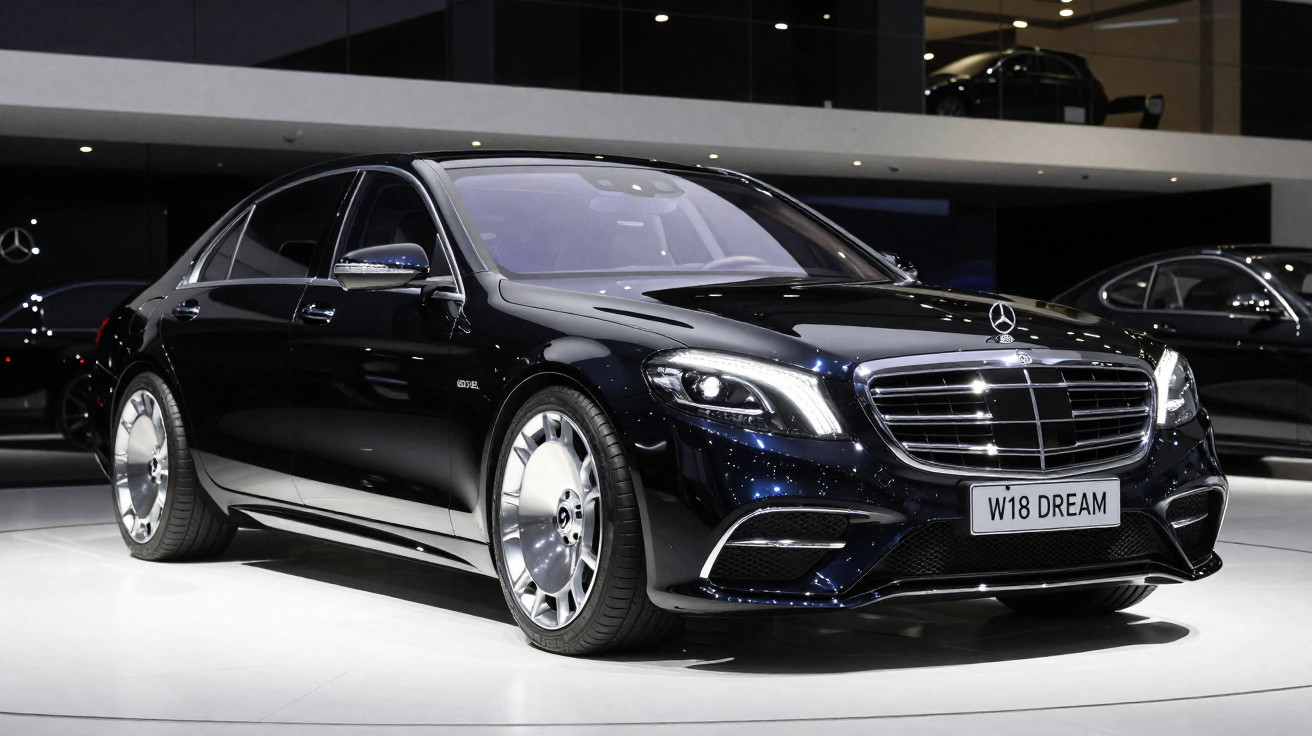 Carro sedã preto da Mercedes-Benz em exposição, com placa escrita W18 DREAM.
