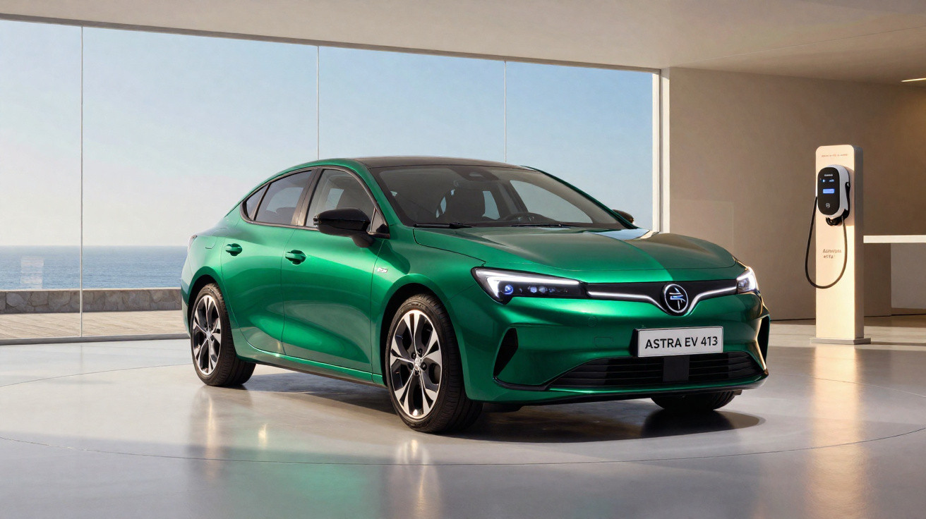 Carro elétrico verde estacionado em ambiente moderno com parede de vidro e estação de recarga ao fundo.