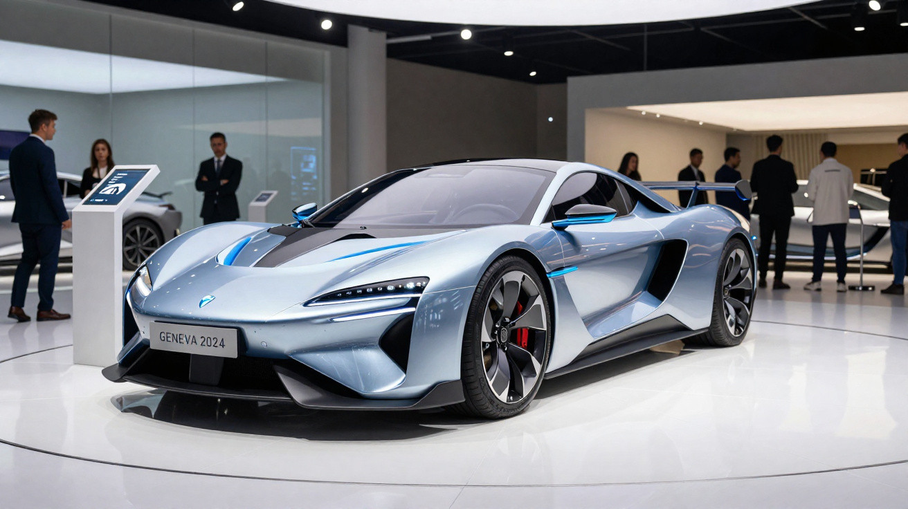 Carro esportivo prateado em exibição na feira automotiva Geneva 2024 com pessoas ao fundo.