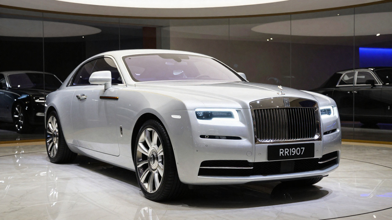 Carro de luxo prata Rolls-Royce estacionado em ambiente interno com piso brilhante e espelhos.