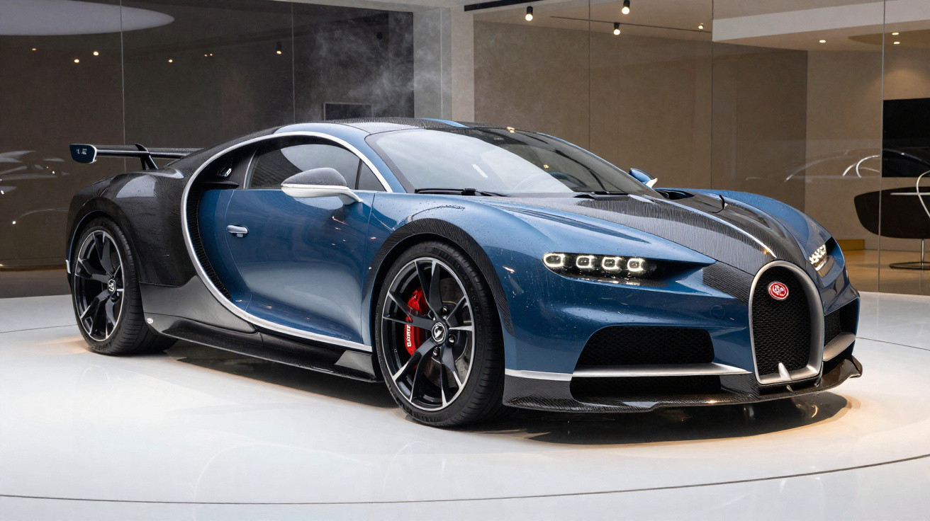 Carro esportivo Bugatti Chiron azul e preto exibido em estande moderno com iluminação interna.