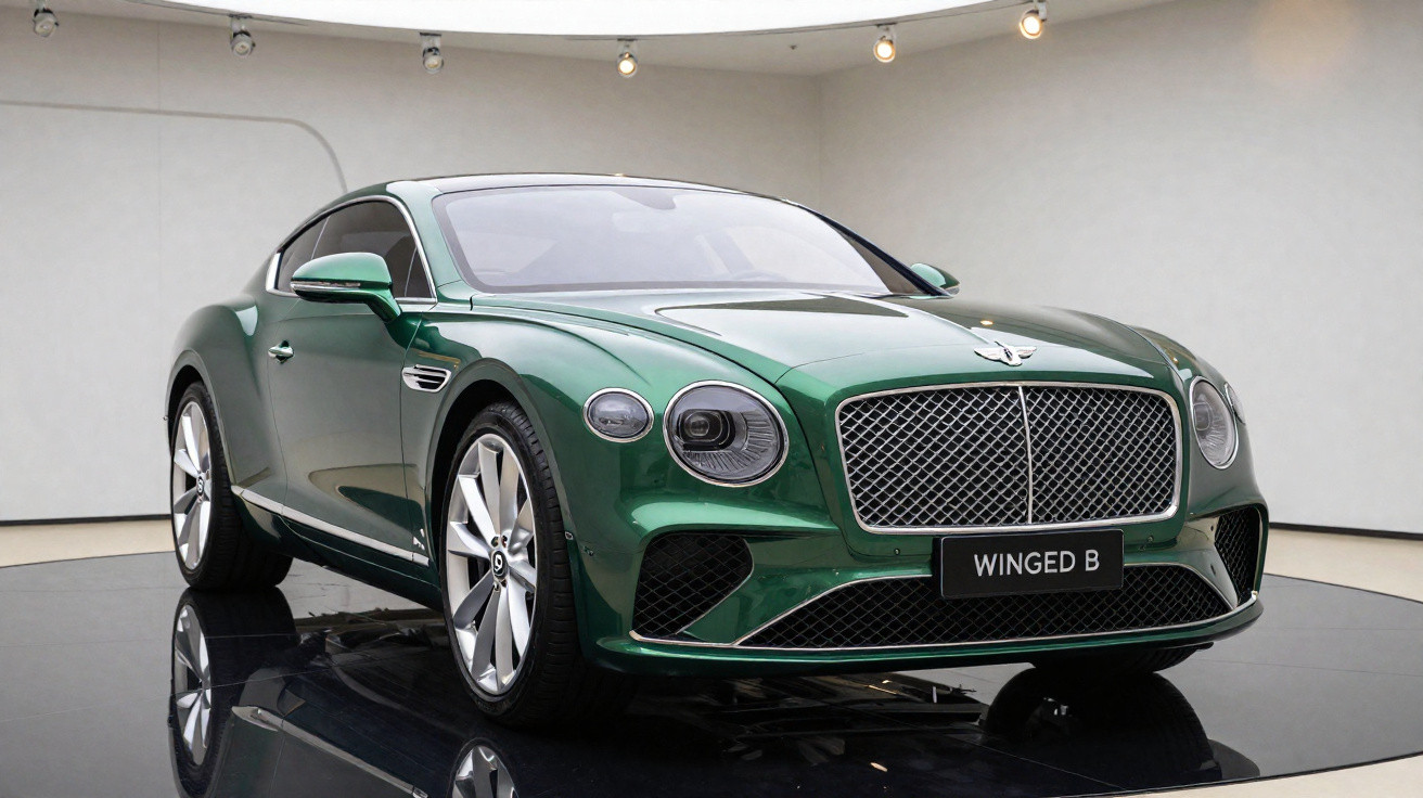 Carro esportivo Bentley verde escuro em exposição interna com placa "WINGED B" frontal.