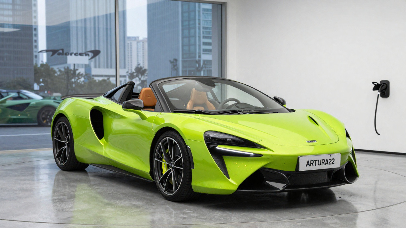 Carro esportivo conversível verde limão McLaren Artura22 em showroom moderno com paredes brancas e piso cinza.