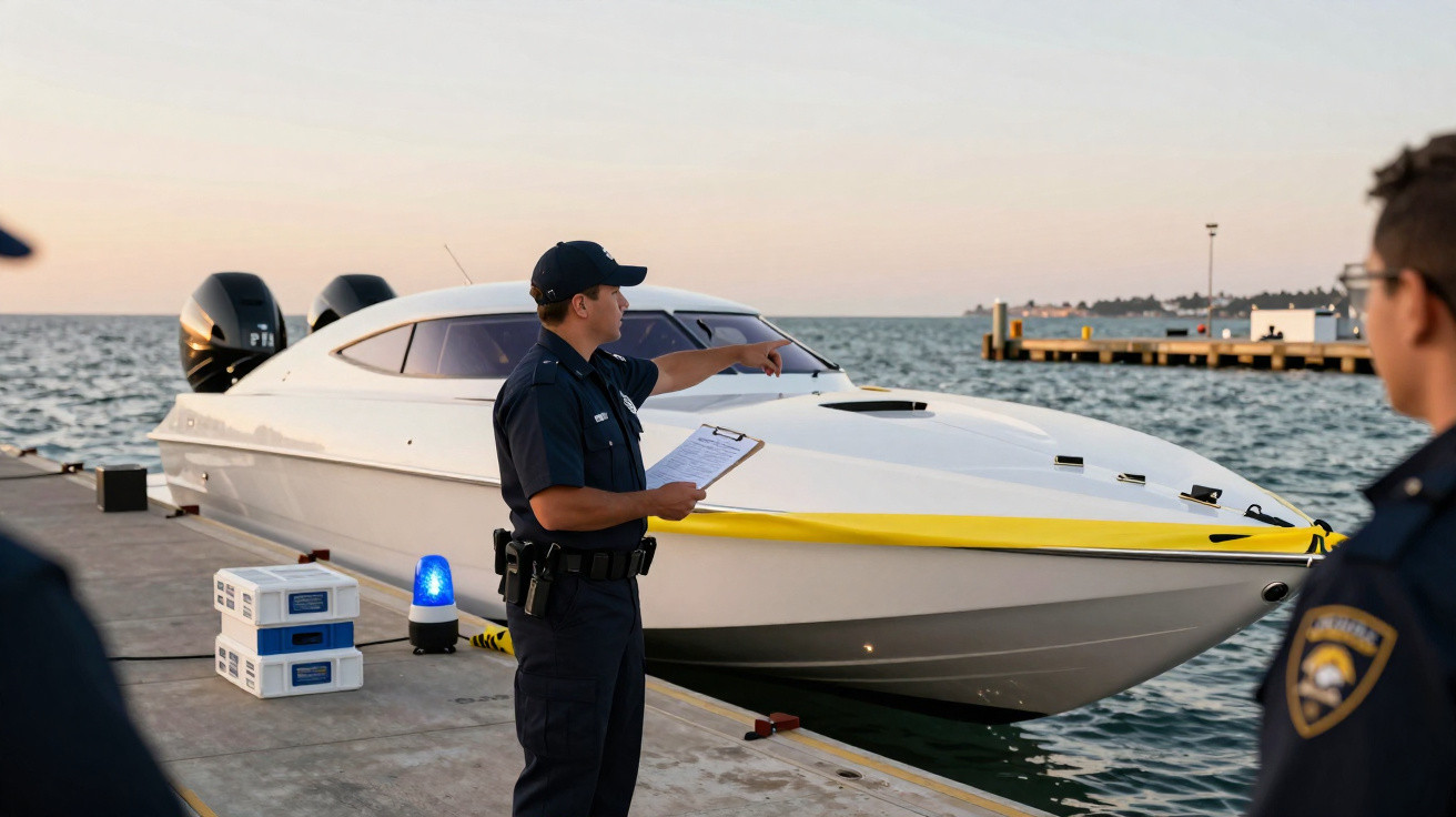 Policial com prancheta aponta para um barco branco preso com fita amarela em um cais à beira-mar ao entardecer.