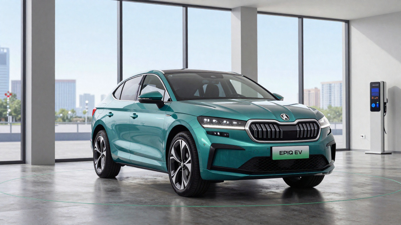 Carro elétrico verde Epiq EV em showroom moderno com janelas amplas e estação de recarga ao fundo.