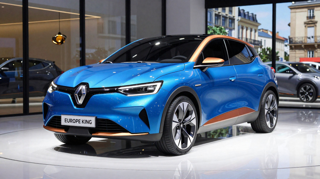 Carro elétrico azul com detalhes laranja exposto em salão automotivo, modelo Europe King da Renault.