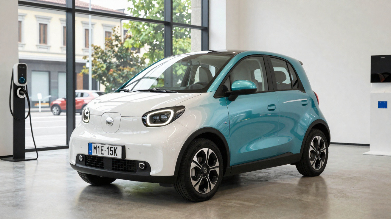 Carro elétrico compacto azul e branco estacionado em showroom moderno com carregador ao lado.