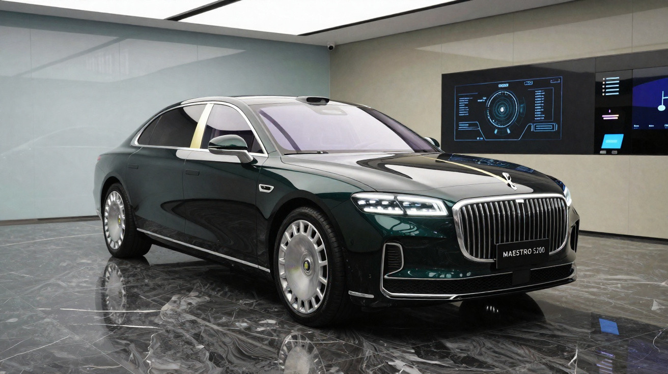 Carro de luxo verde escuro em piso de mármore, com design moderno e grade frontal ampla, modelo Maestro S160.