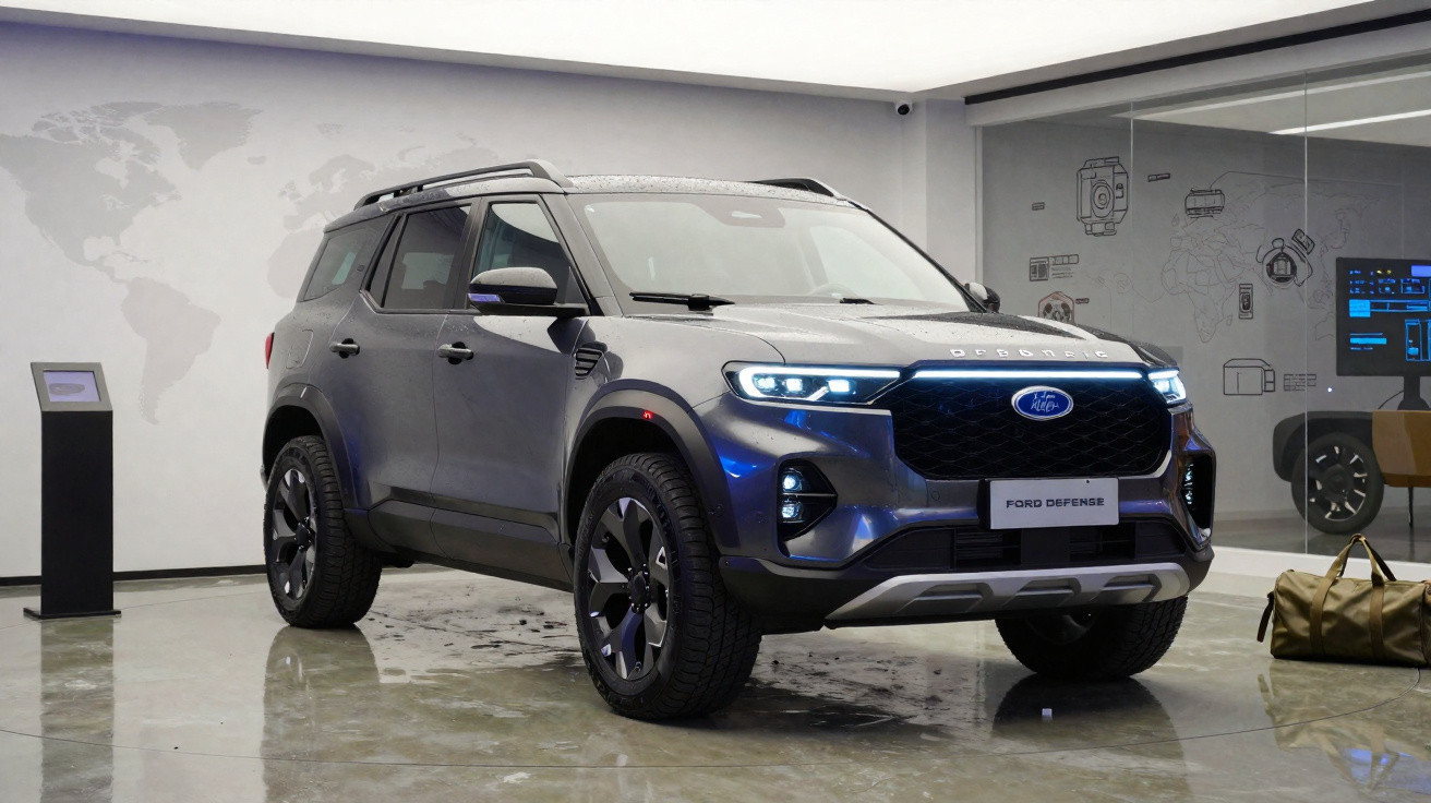 SUV cinza Ford Territory 2024 estacionado em ambiente moderno com piso reflexivo e parede decorada.