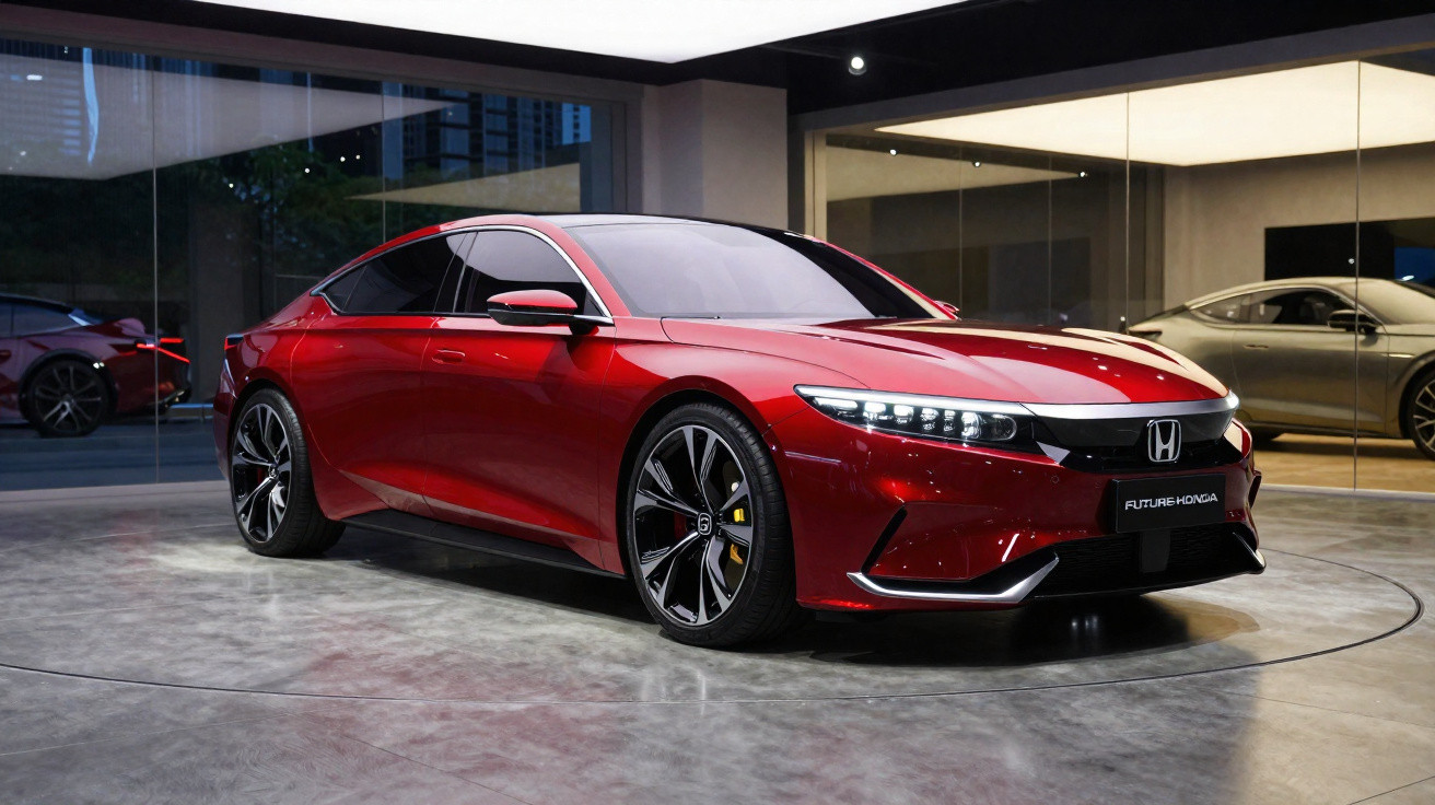 Carro esportivo elétrico vermelho Honda Future Honga em showroom moderno com piso de concreto.