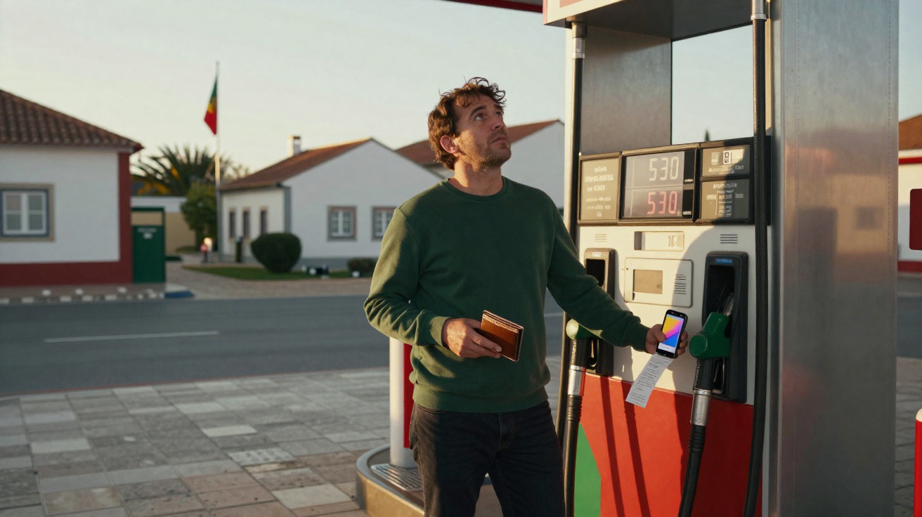 Homem com suéter verde abastecendo carro e segurando carteira e celular em posto de gasolina.