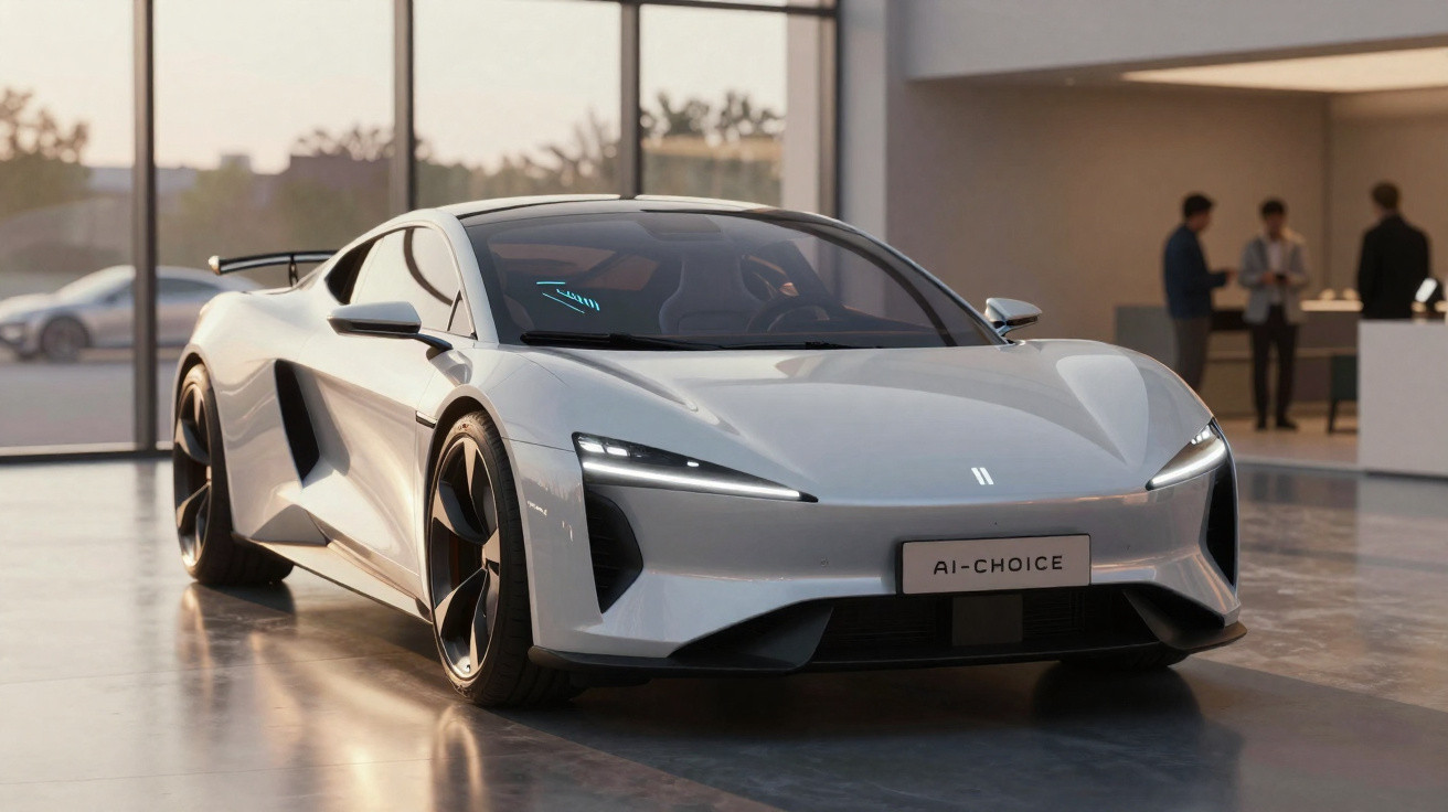 Carro esportivo elétrico branco futurista estacionado em ambiente interno, com detalhe em aerofólio traseiro.