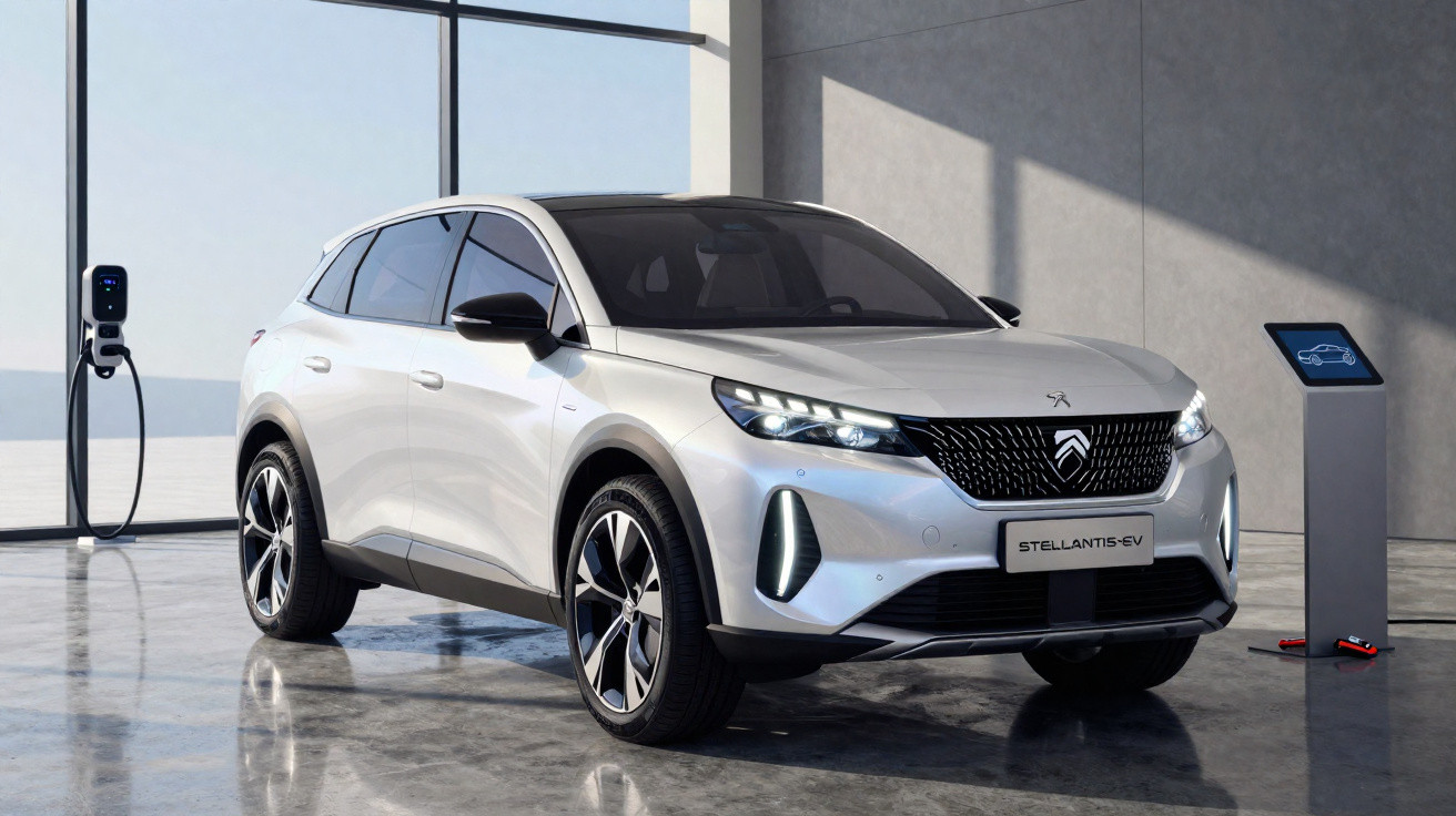Carro elétrico branco estacionado em garagem com estação de recarga e painel digital ao lado.