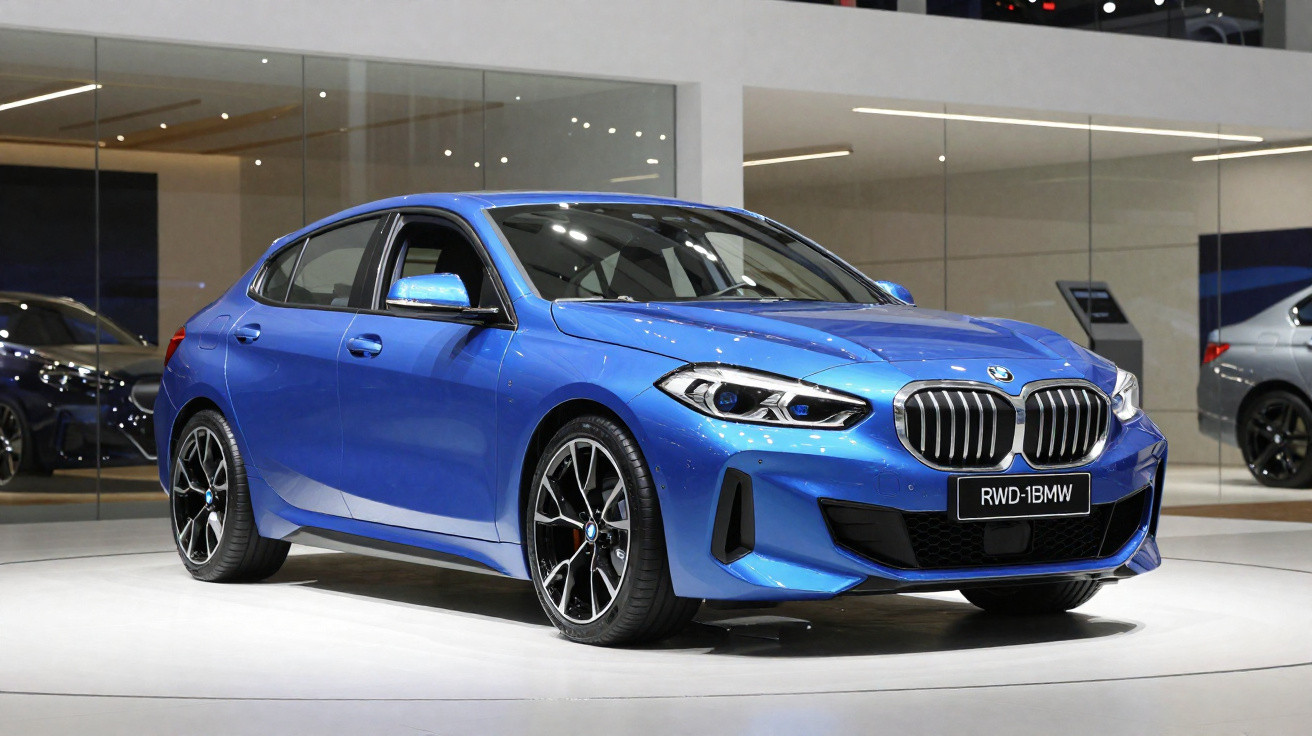 Carro esportivo BMW azul exibido em plataforma de exposição com design moderno e rodas pretas detalhadas.