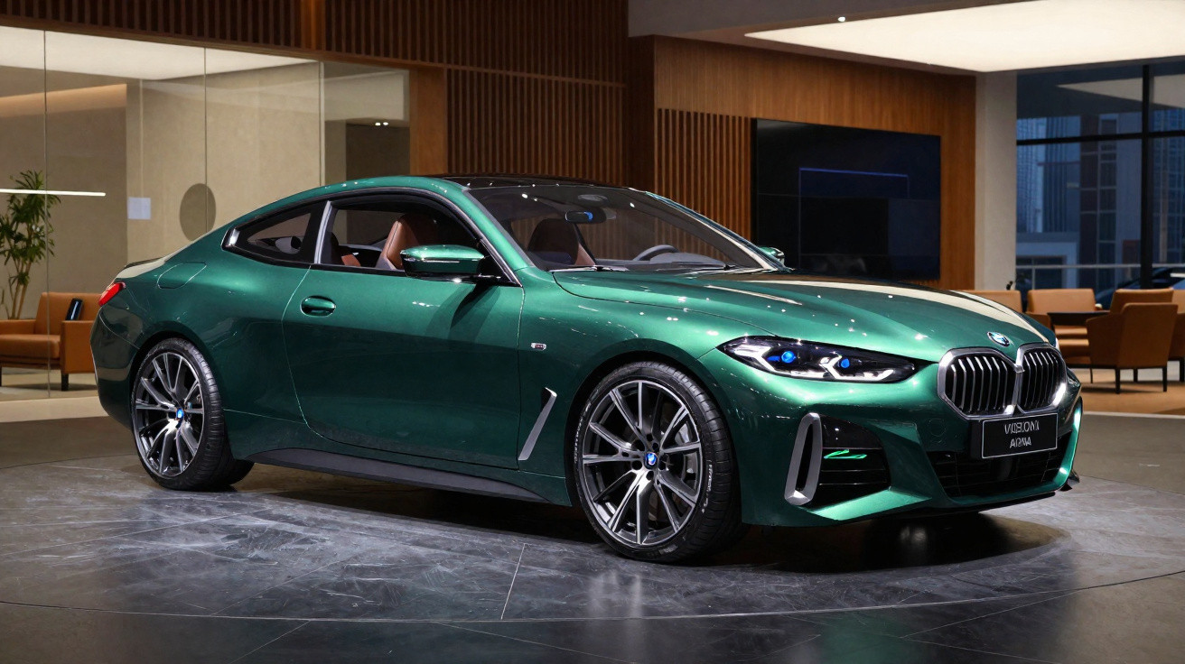 BMW coupe verde metálico exibido em showroom moderno com interior em tom marrom e iluminação ambiente.