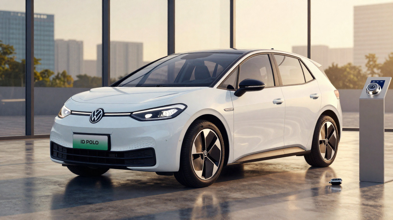 Carro elétrico branco Volkswagen ID Polo estacionado em área interna com estação de carregamento ao lado.