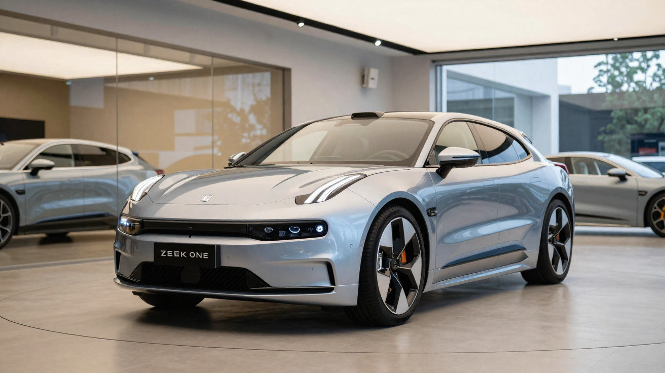 Carro elétrico prata Zeek One em showroom moderno com piso claro e reflexos no vidro ao fundo.