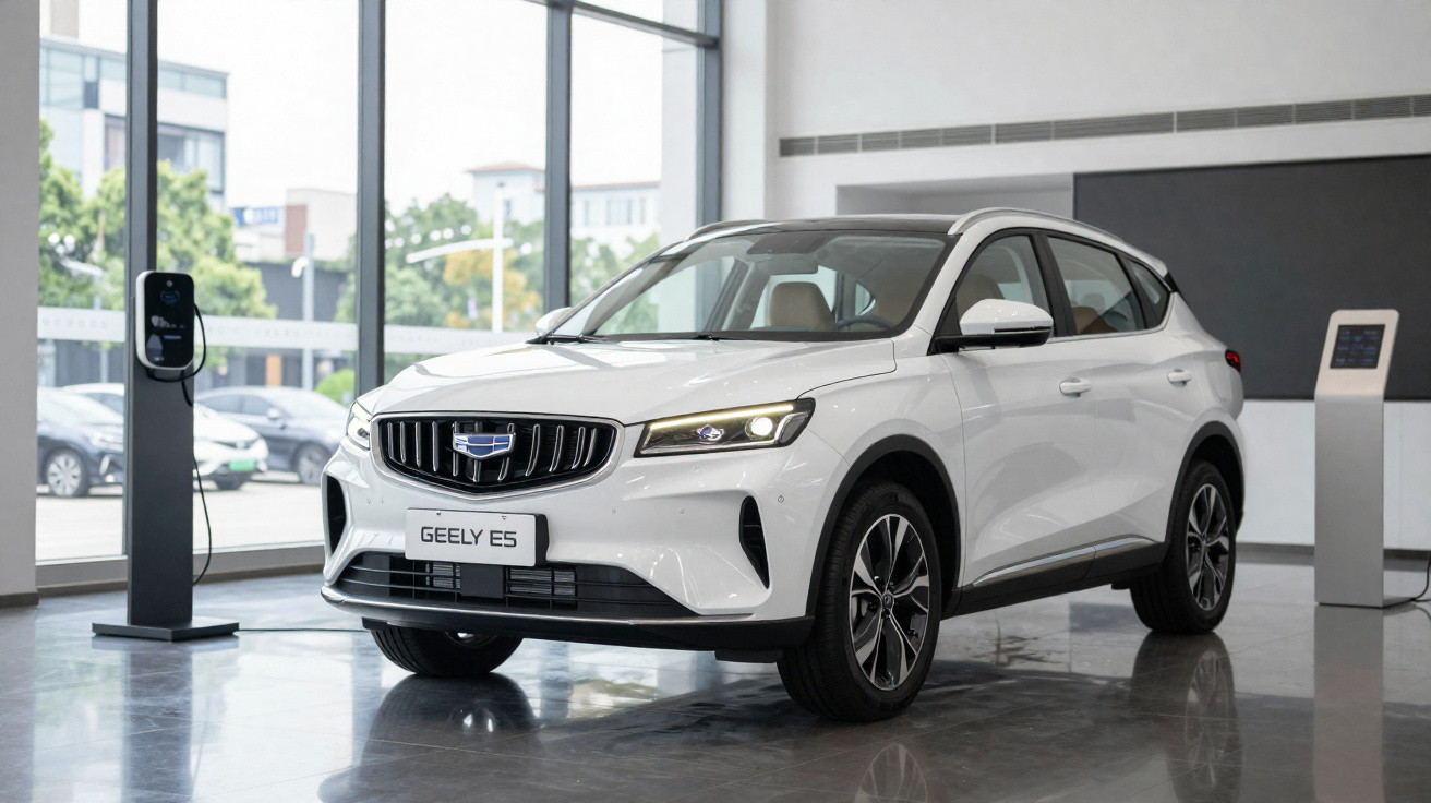 Carro elétrico branco Geely E5 estacionado em showroom moderno com carregador ao lado.