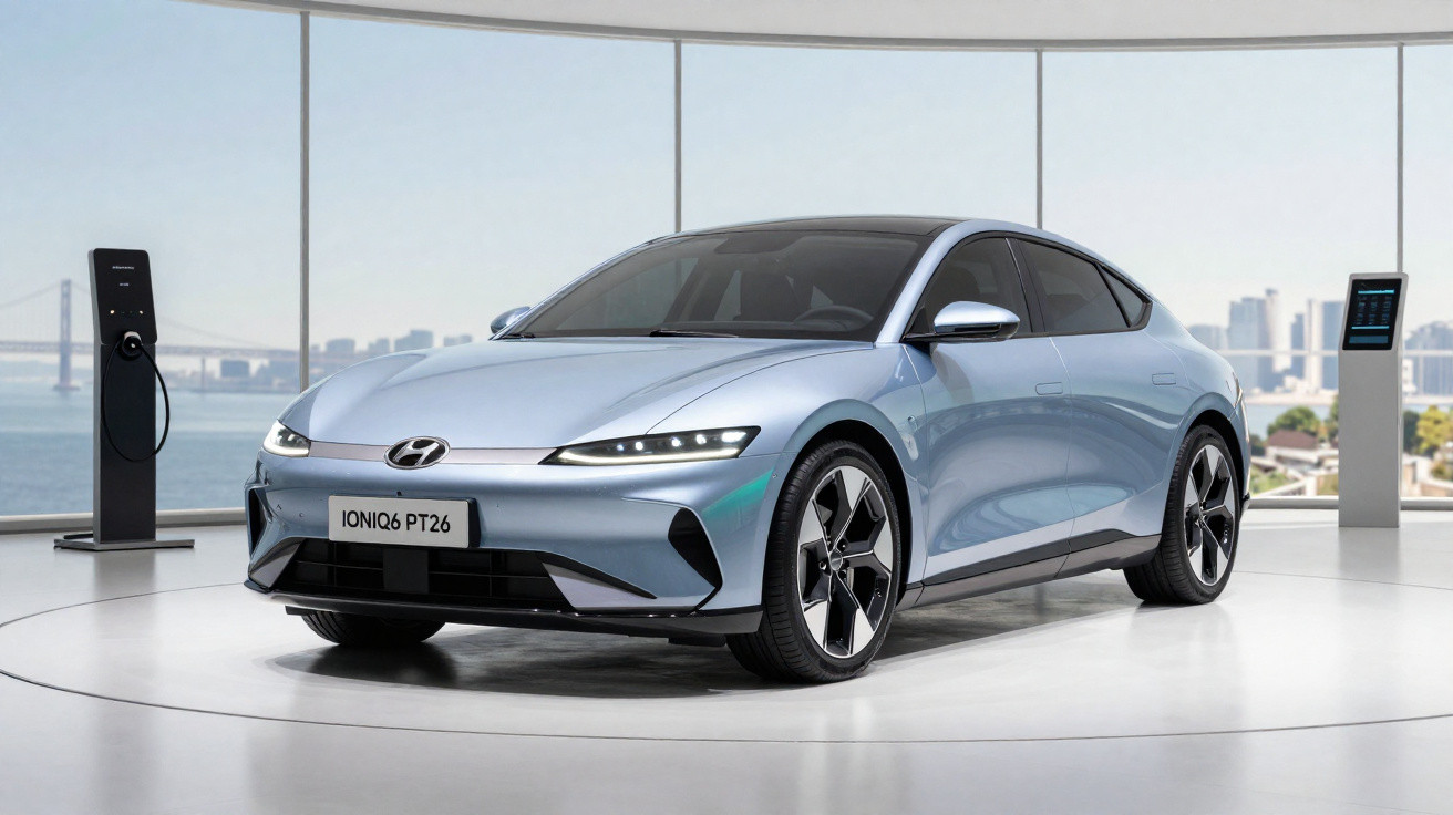 Carro elétrico Hyundai Ioniq 6 prata exibido em showroom moderno com vista para a cidade.