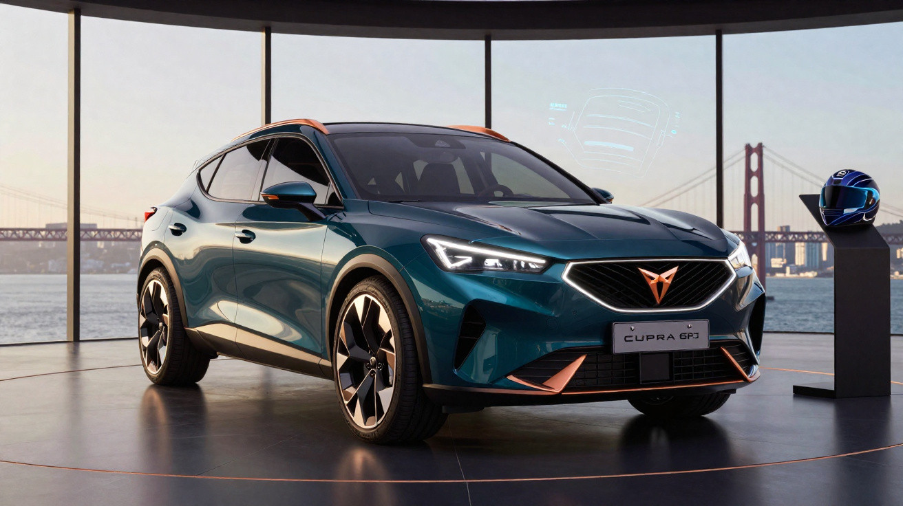 Carro elétrico SUV Cupra em exposição com vista para ponte suspensa ao fundo, em ambiente moderno e iluminado.