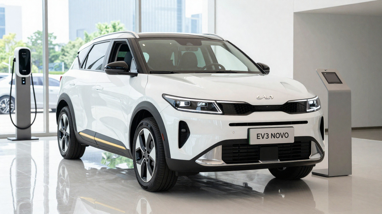 Carro elétrico branco Kia EV3 Novo em showroom moderno, com estação de recarga ao lado.